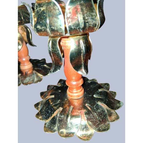 Lotus Flower Brass Wood Flower Petal Candle Holders Set Of 2 - Picture 5 of 9